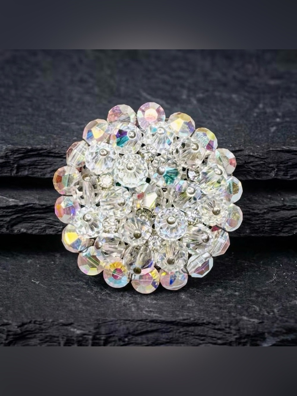 Vintage 50s Retro Aurora Borealis Glass Bead Clear Rhinestone Cluster Brooch
